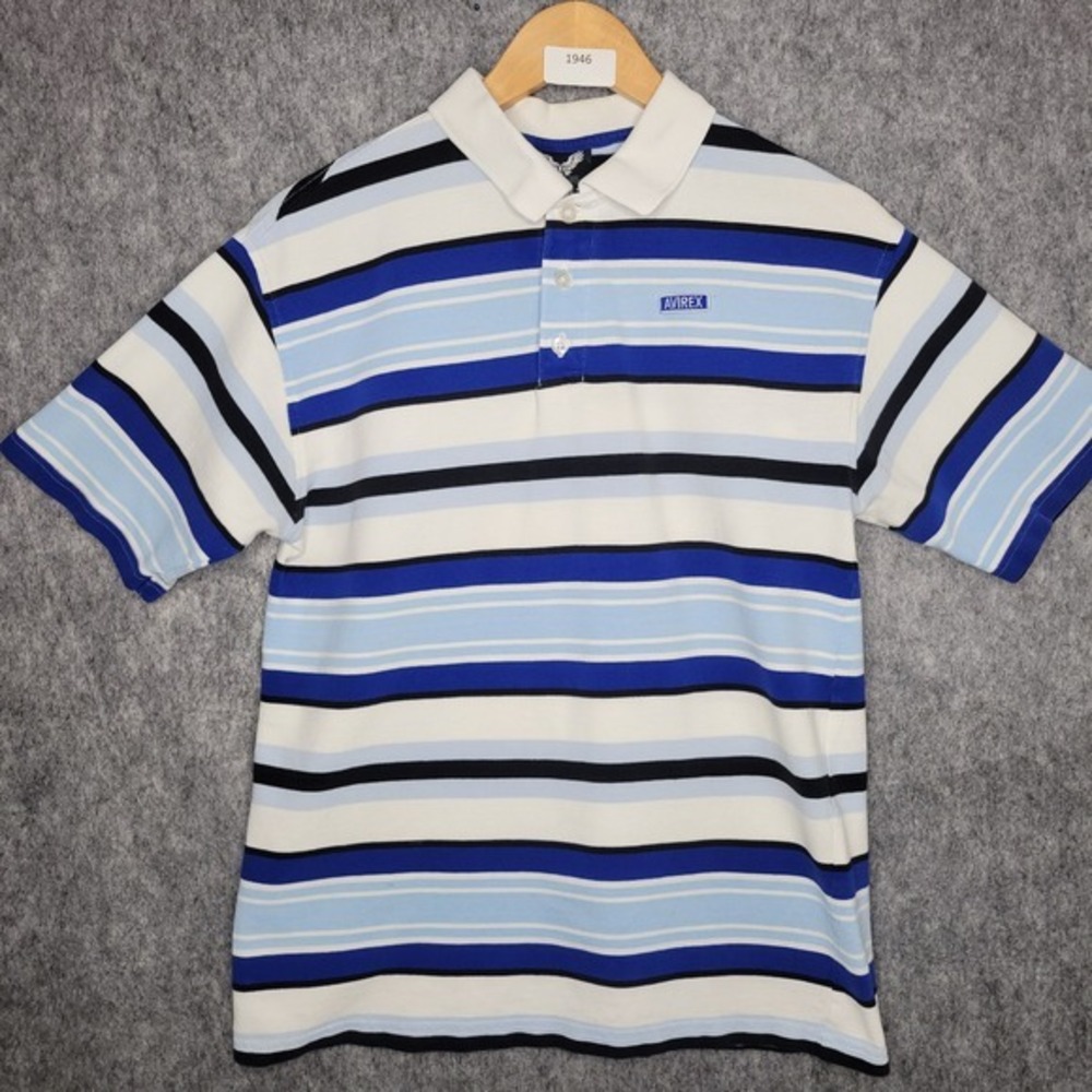Vintage Style Avirex Stripe Polo Shirt M Blue White 90s Y2K Streetwear Casual